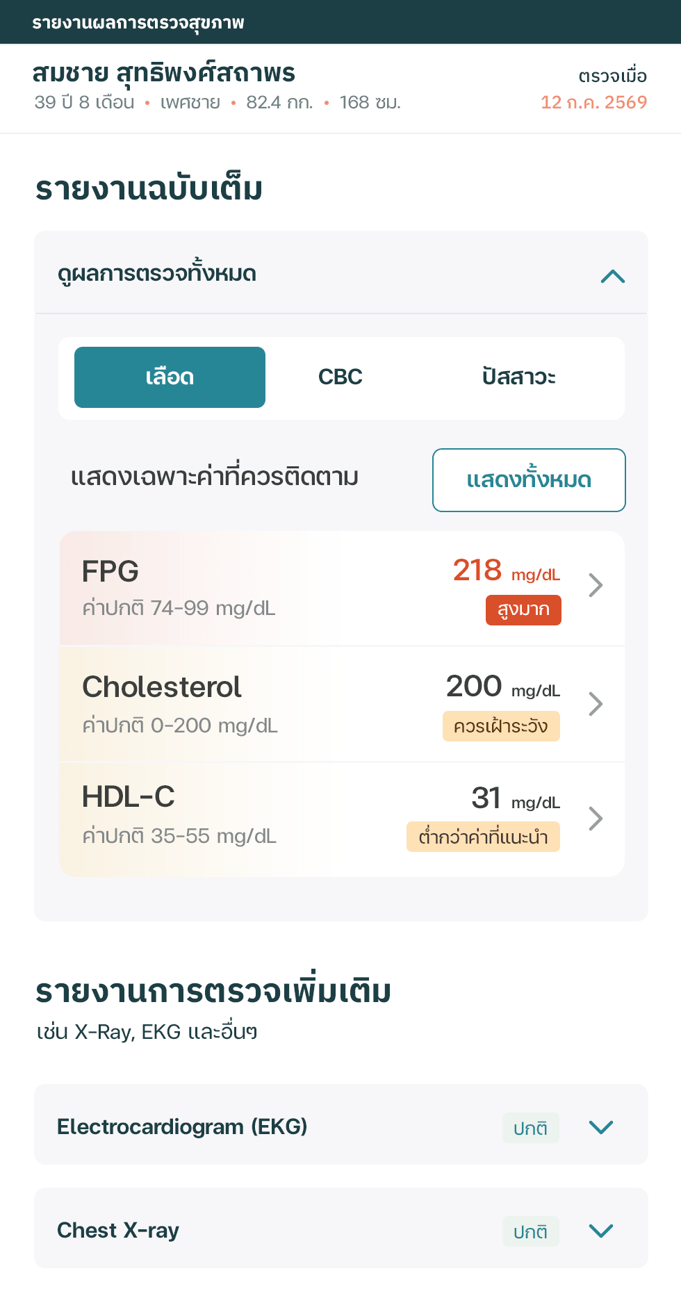 Additional tests screen with EKG and chest X-ray cards collapsed