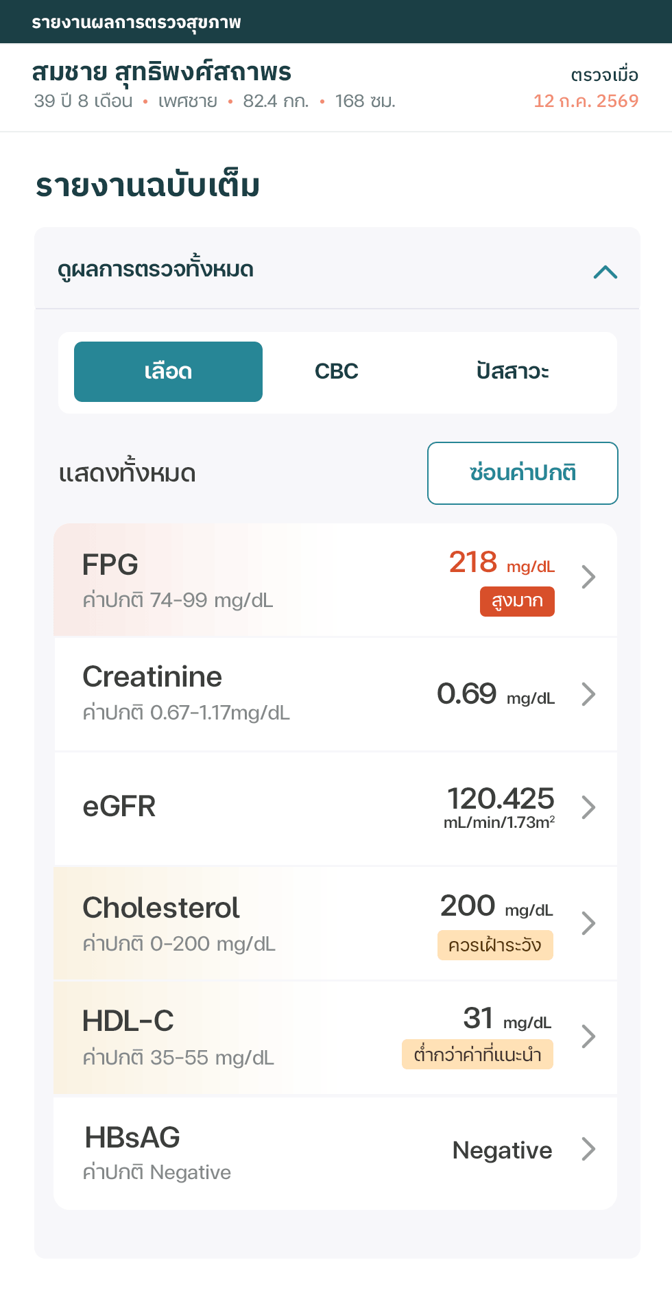 Health checkup report UI, full lab report table